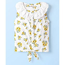 Babyhug Swiss Dobby Woven Frill Sleeves Floral Printed Knotted Top with Chifilli Detailing - White