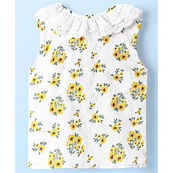 Babyhug Swiss Dobby Woven Frill Sleeves Floral Printed Knotted Top with Chifilli Detailing - White