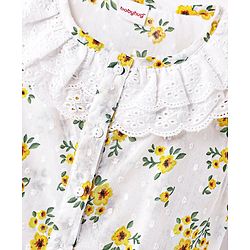 Babyhug Swiss Dobby Woven Frill Sleeves Floral Printed Knotted Top with Chifilli Detailing - White