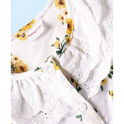 Babyhug Swiss Dobby Woven Frill Sleeves Floral Printed Knotted Top with Chifilli Detailing - White