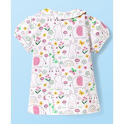 Babyhug Cotton Knit Half Sleeves Front Open Co-ords Peter Pan Collared Capri Night Suit with Jungle Theme Printed - White