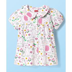 Babyhug Cotton Knit Half Sleeves Front Open Co-ords Peter Pan Collared Capri Night Suit with Jungle Theme Printed - White