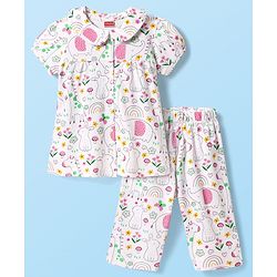 Babyhug Cotton Knit Half Sleeves Front Open Co-ords Peter Pan Collared Capri Night Suit with Jungle Theme Printed - White