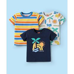 Babyhug Cotton Knit Half Sleeves T-Shirts with Beach Theme Print & Stripes Pack of 3 - Yellow White & Navy Blue