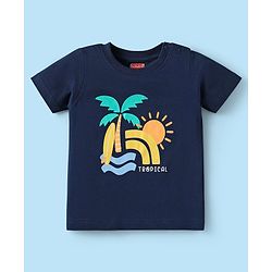 Babyhug Cotton Knit Half Sleeves T-Shirts with Beach Theme Print & Stripes Pack of 3 - Yellow White & Navy Blue