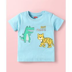 Babyhug Cotton Knit Half Sleeves T-Shirts with Animal Print & Stripes Pack of 3 - Light Blue & White