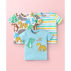 Babyhug Cotton Knit Half Sleeves T-Shirts with Animal Print & Stripes Pack of 3 - Light Blue & White