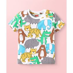 Babyhug Cotton Knit Half Sleeves T-Shirts with Animal Print & Stripes Pack of 3 - Light Blue & White