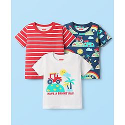 Babyhug Cotton Knit Half Sleeves T-Shirts With Stripes & Vehicle Print Pack Of 3 - Navy Blue & White