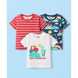 Babyhug Cotton Knit Half Sleeves T-Shirts With Stripes & Vehicle Print Pack Of 3 - Navy Blue & White