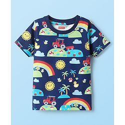 Babyhug Cotton Knit Half Sleeves T-Shirts With Stripes & Vehicle Print Pack Of 3 - Navy Blue & White