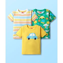 Babyhug Cotton Knit Half Sleeves T-Shirts with Car Print & Stripes Pack of 3 - Yellow Mint & White