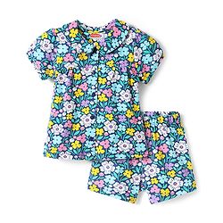 Babyhug Cotton Knit Half Sleeves Peter Pan Collar Shorts Night Suit with Floral Print - Navy Blue