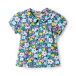 Babyhug Cotton Knit Half Sleeves Peter Pan Collar Shorts Night Suit with Floral Print - Navy Blue