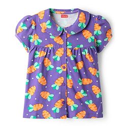 Babyhug Cotton Knit Half Sleeves Front Open Co-ords Night Suit with Carrot Print - Violet