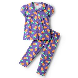 Babyhug Cotton Knit Half Sleeves Front Open Co-ords Night Suit with Carrot Print - Violet