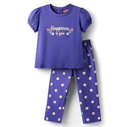 Babyhug Cotton Knit Puffed Sleeves Night Suit with Happiness Is You Text Print - Voilet