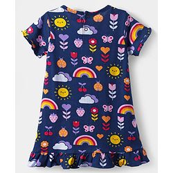 Babyhug Cotton Knit Half Sleeves Nighty with Tropical Print & Frill Detailing - Navy Blue