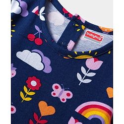 Babyhug Cotton Knit Half Sleeves Nighty with Tropical Print & Frill Detailing - Navy Blue