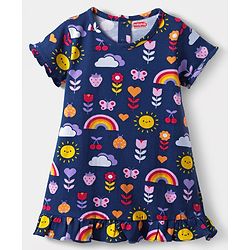Babyhug Cotton Knit Half Sleeves Nighty with Tropical Print & Frill Detailing - Navy Blue