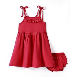 Babyhug Single Jersey Knit Solid Colour Sleeveless Frock With Bloomers - Red