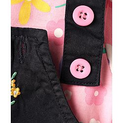 Babyhug Denim Woven Frock & Half Sleeves Inner Tee With Floral Print & Embroidery - Black & Pink