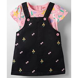 Babyhug Denim Woven Frock & Half Sleeves Inner Tee With Floral Print & Embroidery - Black & Pink