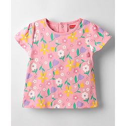 Babyhug Denim Woven Frock & Half Sleeves Inner Tee With Floral Print & Embroidery - Black & Pink
