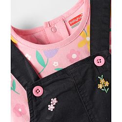 Babyhug Denim Woven Frock & Half Sleeves Inner Tee With Floral Print & Embroidery - Black & Pink