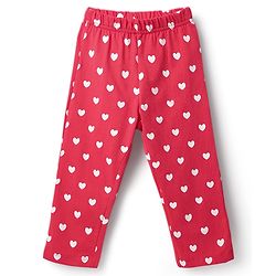 Babyhug Cotton Knit Half Puffed Sleeves Co-ords Front Open Peter Pan Collared Night Suit with Hearts Print - Red