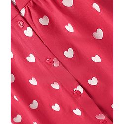 Babyhug Cotton Knit Half Puffed Sleeves Co-ords Front Open Peter Pan Collared Night Suit with Hearts Print - Red