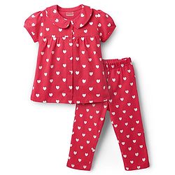 Babyhug Cotton Knit Half Puffed Sleeves Co-ords Front Open Peter Pan Collared Night Suit with Hearts Print - Red