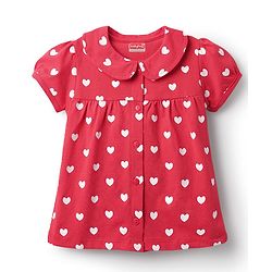 Babyhug Cotton Knit Half Puffed Sleeves Co-ords Front Open Peter Pan Collared Night Suit with Hearts Print - Red
