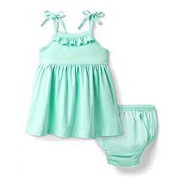Babyhug Single Jersey Knit Sleeveless Solid Color Frock & Bloomer with Frill Detailing  -  Light  Green