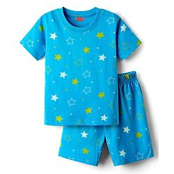Babyhug Cotton Knit Half Sleeves Short Co-Ord Night Suit with Star Print - Blue