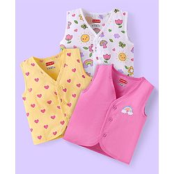 Babyhug 100% Cambric Woven  Sleeveless Front Open Jhabla with Heart & Floral Print  Pack of 3 - Yellow White & Pink