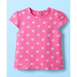 Babyhug Cotton Knit Cap Sleeves T-Shirts with Floral & Text Print Pack of 3 - Pink Light Green & White