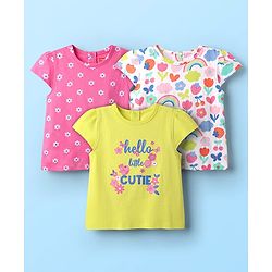 Babyhug Cotton Knit Cap Sleeves T-Shirts with Floral & Text Print Pack of 3 - Pink Light Green & White