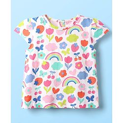 Babyhug Cotton Knit Cap Sleeves T-Shirts with Floral & Text Print Pack of 3 - Pink Light Green & White