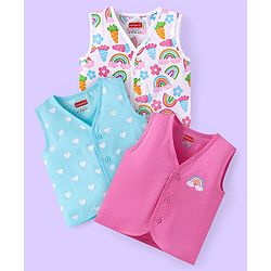 Babyhug 100% Cambric Woven Sleeveless Front Open Jhabla with Heart & Rainbow Print  Pack of 3 - Pink Blue & White