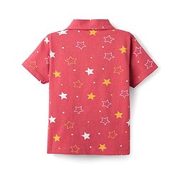 Babyhug Cotton Knit Front Open Half Sleeves Co- Ord Shorts Night Suit with Star Print - Red