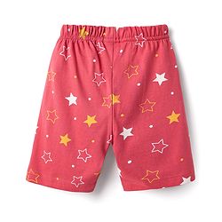 Babyhug Cotton Knit Front Open Half Sleeves Co- Ord Shorts Night Suit with Star Print - Red