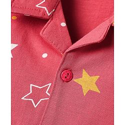 Babyhug Cotton Knit Front Open Half Sleeves Co- Ord Shorts Night Suit with Star Print - Red