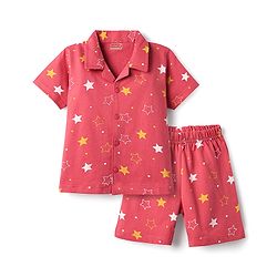 Babyhug Cotton Knit Front Open Half Sleeves Co- Ord Shorts Night Suit with Star Print - Red