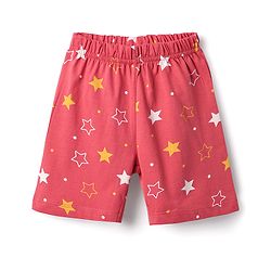 Babyhug Cotton Knit Front Open Half Sleeves Co- Ord Shorts Night Suit with Star Print - Red