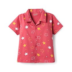 Babyhug Cotton Knit Front Open Half Sleeves Co- Ord Shorts Night Suit with Star Print - Red