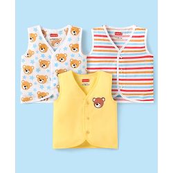 Babyhug Cambric Woven Sleeveless Jhablas With Striped & Bear Print Pack Of 3 - Yellow Red & White