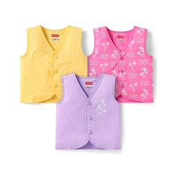 Babyhug Cambric Woven Sleeveless Front Open Jhablas With Polka Dots & Tree Print Pack Of 3 - Purple Pink & Yellow