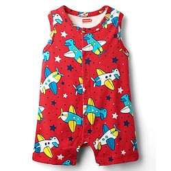 Babyhug 100% Cotton Knit Sleeveless Striped & Airplane Printed Rompers Pack of 2 - Red & Blue