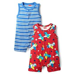 Babyhug 100% Cotton Knit Sleeveless Striped & Airplane Printed Rompers Pack of 2 - Red & Blue